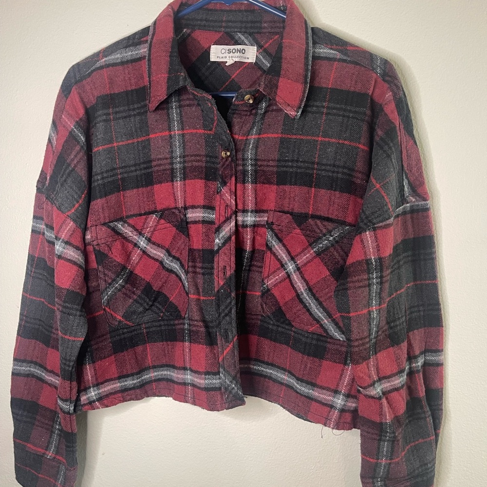 Ci Sono Red and Black Utility Jacket buttoned crop top